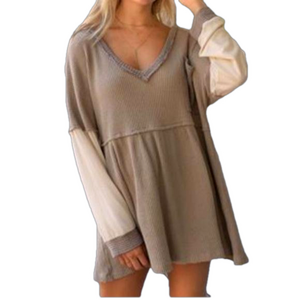 POL Tan Contrast Thermal Waffle Knit Wide V-Neck Long Sleeve Babydoll Top Large